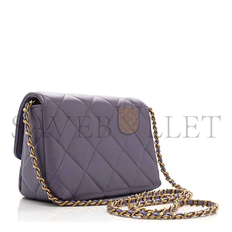 Ch**el MASTER SHINY LAMBSKIN QUILTED MINI PEARL LOGO FLAP LIGHT PURPLE (18*13*6cm)